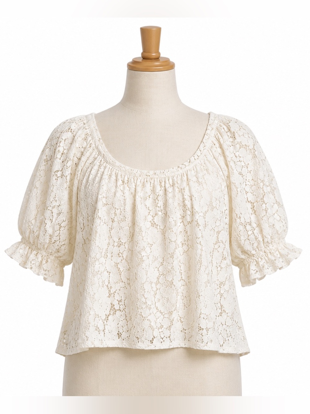 Free People Sheer Lace Peasant Boho Puff Sleeve Cropped Scoop Neck Blouse Size L
